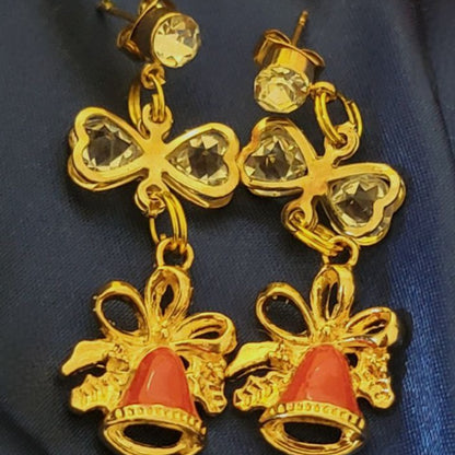 Bijoux de Noël rouge et or, boucle d’oreille de vacances avec rubans dorés, goutte festive délicate, accessoire de déclaration saisonnière, pendentif de fête chatoyant