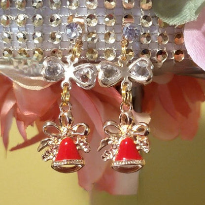 Red & Gold Christmas Bell Earring, Holiday Earring w/ Golden Ribbons Dangle, Dainty Festive Drop