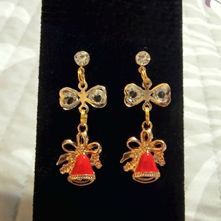 Red & Gold Christmas Bell Earring, Holiday Earring w/ Golden Ribbons Dangle, Dainty Festive Drop