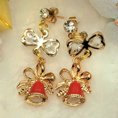 Red & Gold Christmas Bell Earring, Holiday Earring w/ Golden Ribbons Dangle, Dainty Festive Drop