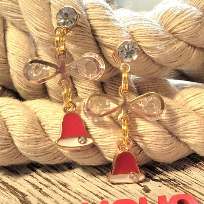 Red & Gold Christmas Bells Earrings, Jingle Festive Dangle, Holiday Spirit Jewelry, Stocking Stuffers