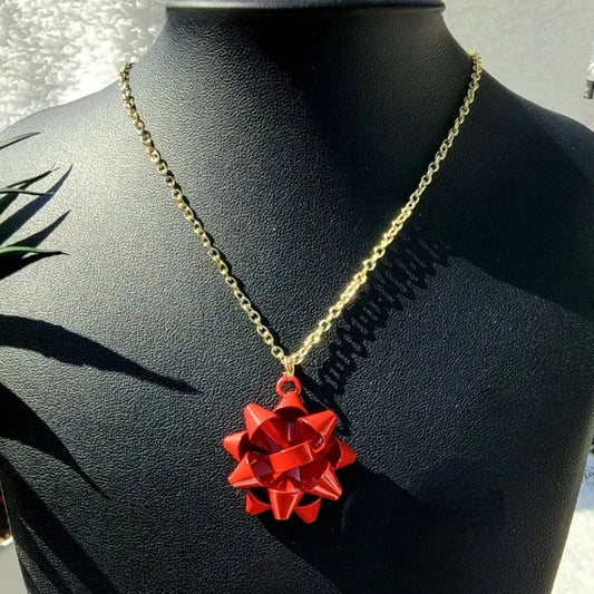 Vibrant Christmas Bow Necklace, Elegant Holiday Jewelry, Festive Fashion Statement Pendant, Celebration Necklace, Gift-Themed