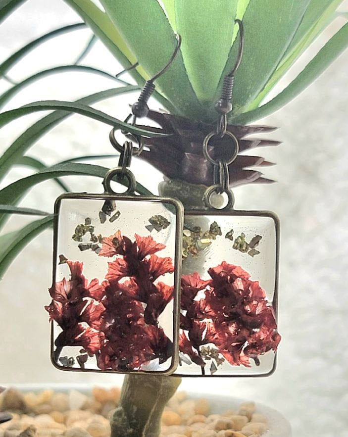 Red Limonium Flower in 3D Fashion Earrings, Naturally Pressed Foliage in Resin Dangle