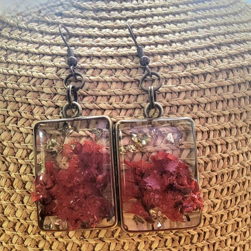 Red Limonium Flower in 3D Fashion Earrings, Naturally Pressed Foliage in Resin Dangle