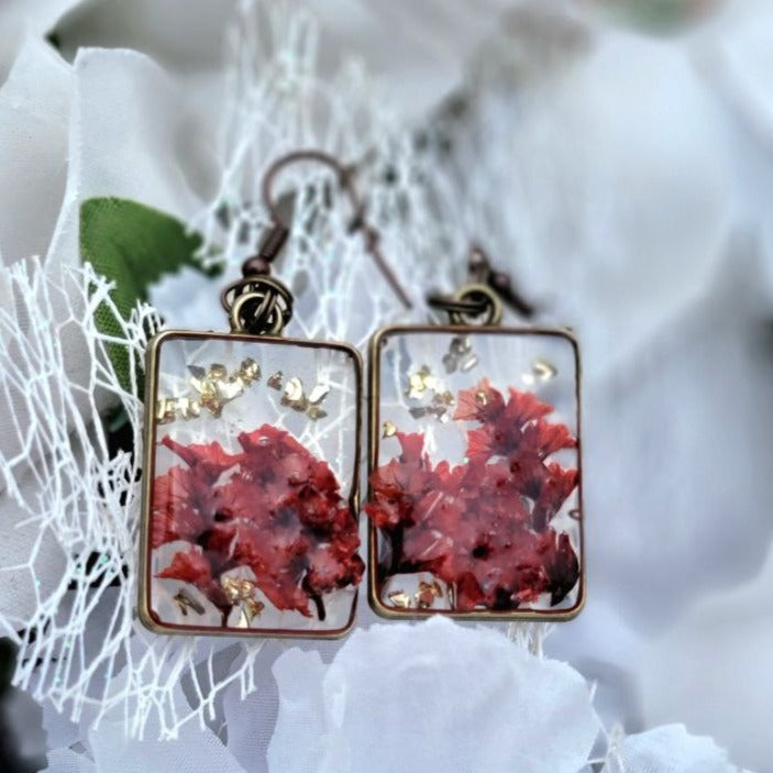 Red Limonium Flower in 3D Fashion Earrings, Naturally Pressed Foliage in Resin Dangle