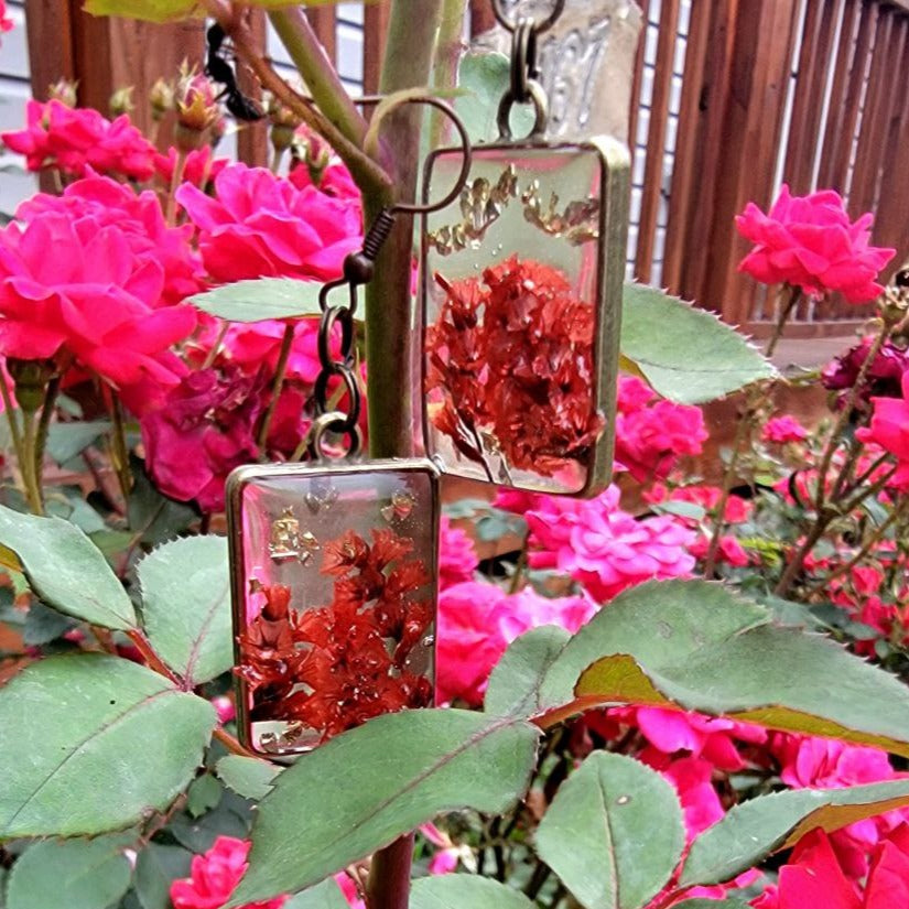 Red Limonium Flower in 3D Fashion Earrings, Naturally Pressed Foliage in Resin Dangle