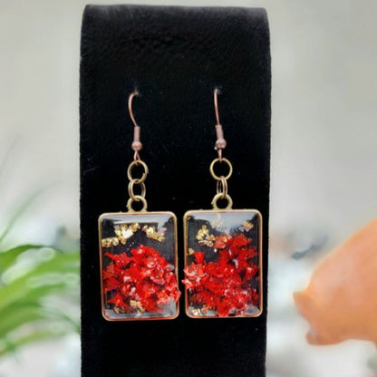 Red Limonium Flower in 3D Fashion Earrings, Naturally Pressed Foliage in Resin Dangle