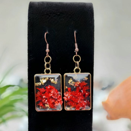 Red Limonium Flower in 3D Fashion Earrings, Naturally Pressed Foliage in Resin Dangle