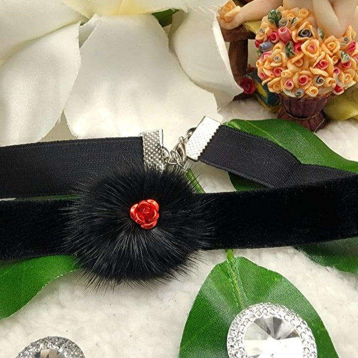 Red Metallic Rose Choker, Black Fur Velvet Necklace, Unique Trendy Collar