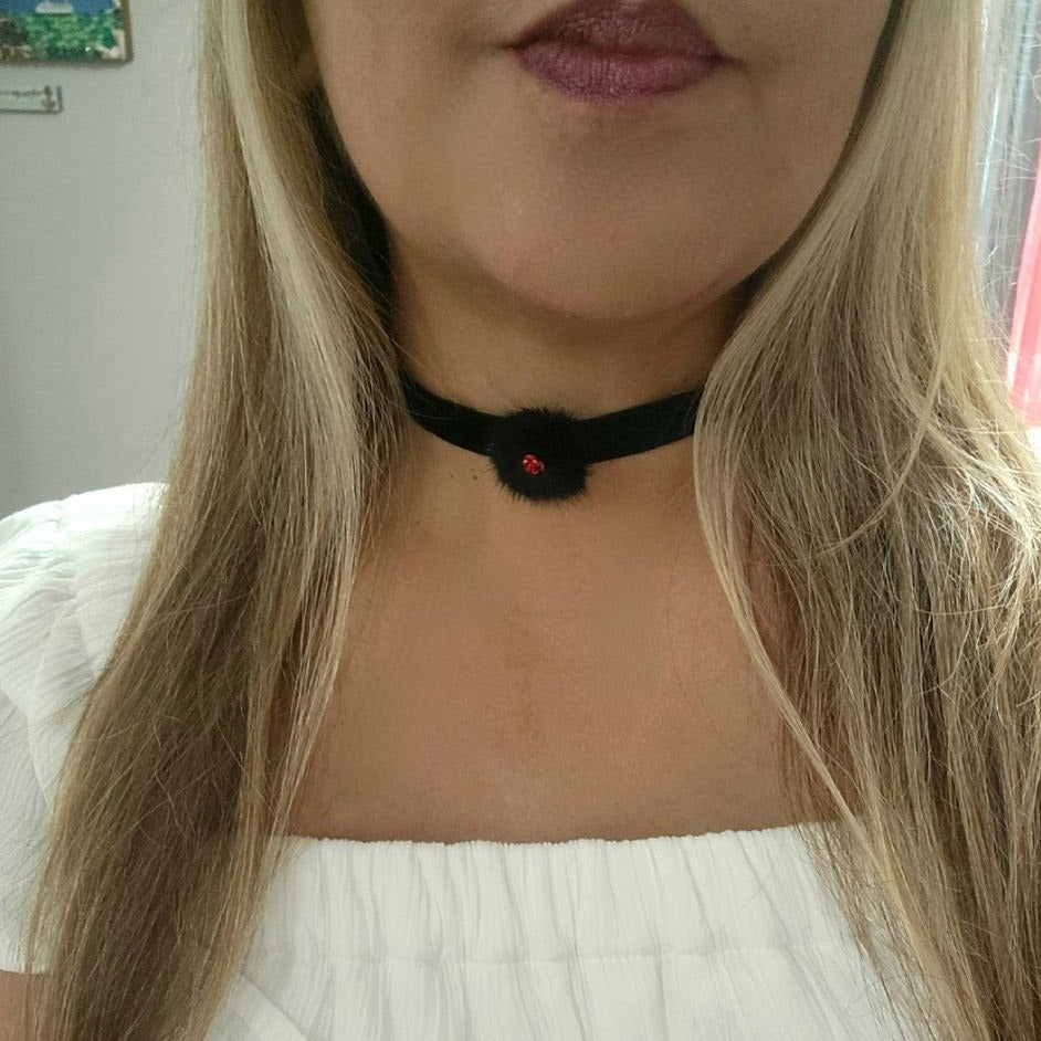 Red Metallic Rose Choker, Black Fur Velvet Necklace, Unique Trendy Collar