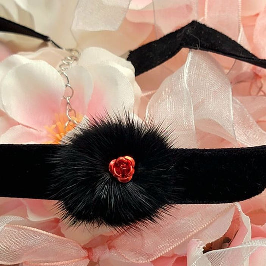 Red Metallic Rose Choker, Black Fur Velvet Necklace, Unique Trendy Collar