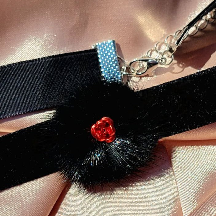 Red Metallic Rose Choker, Black Fur Velvet Necklace, Unique Trendy Collar