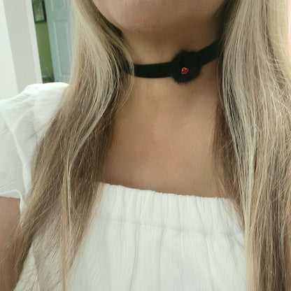 Red Metallic Rose Choker, Black Fur Velvet Necklace, Unique Trendy Collar