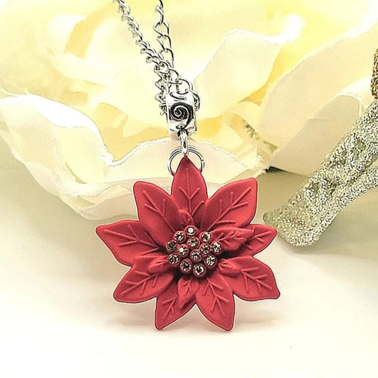 Red Poinsettia Flower Necklace, Festive Statement Pendant, Traditional Holiday Jewelry, Elegant Season Necklace