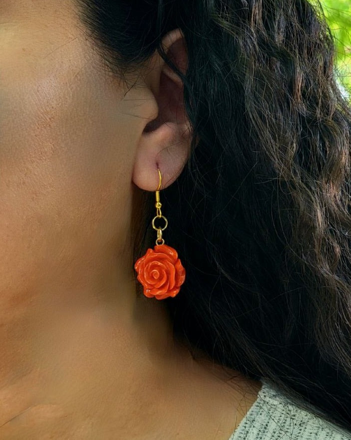 Radiant Red Rose Drop Earring, Nature-Inspired Dangle, Romantic Anniversary Gift