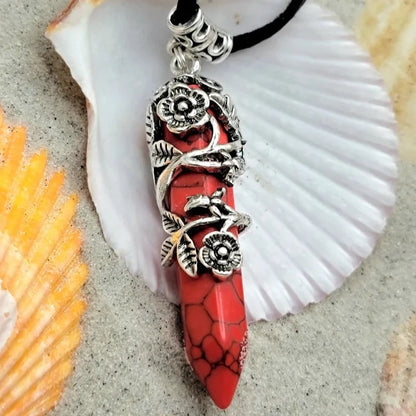 Collar de cristal de cuarzo de bala de piedra roja, piedra preciosa de cuero para hombre, colgante envuelto en alambre, joyería rústica, inspirado en la naturaleza, accesorio de moda audaz