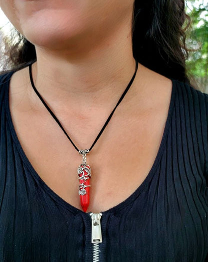 Red Stone Bullet Quartz Crystal Necklace, Men's Leather Gemstone Pendant, Wire Wrapped Dagger Necklace