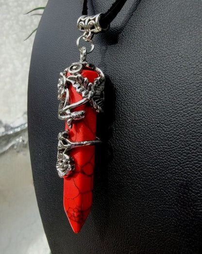 Red Stone Bullet Quartz Crystal Necklace, Men's Leather Gemstone Pendant, Wire Wrapped Dagger Necklace