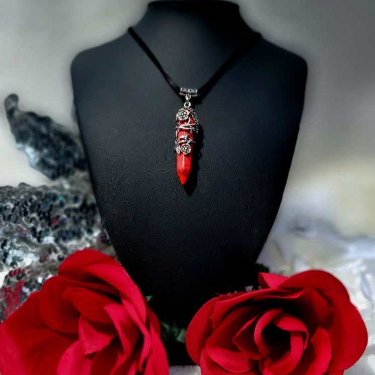 Red Stone Bullet Quartz Crystal Necklace, Men's Leather Gemstone Pendant, Wire Wrapped Dagger Necklace