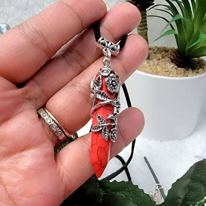 Collar de cristal de cuarzo de bala de piedra roja, piedra preciosa de cuero para hombre, colgante envuelto en alambre, joyería rústica, inspirado en la naturaleza, accesorio de moda audaz