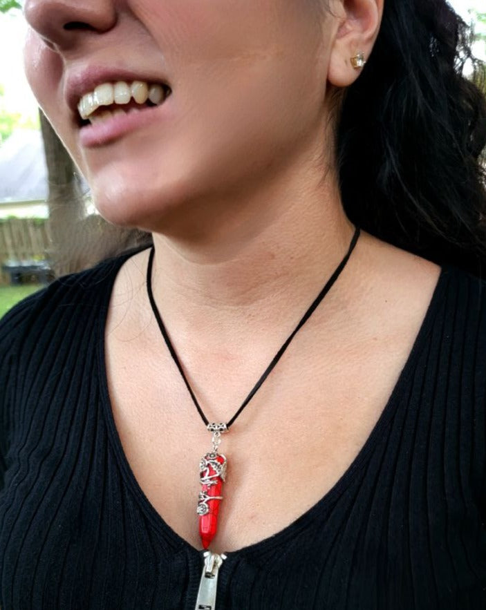 Red Stone Bullet Quartz Crystal Necklace, Men's Leather Gemstone Pendant, Wire Wrapped Dagger Necklace