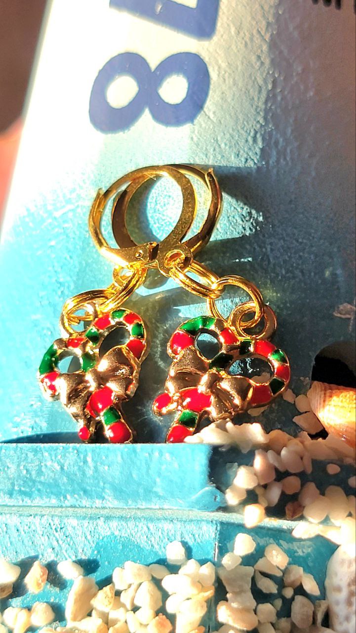 Adorable Candy Cane Christmas Wreath Earring, Yuletide Celebration