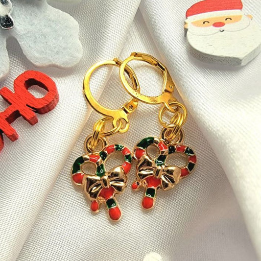 Adorable Candy Cane Christmas Wreath Earring, Yuletide Celebration