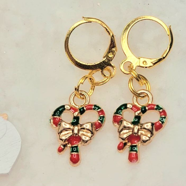 Adorable Candy Cane Christmas Wreath Earring, Yuletide Celebration