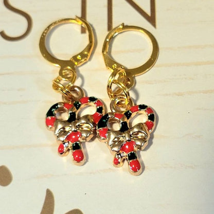 Adorable Candy Cane Christmas Wreath Earring, Yuletide Celebration