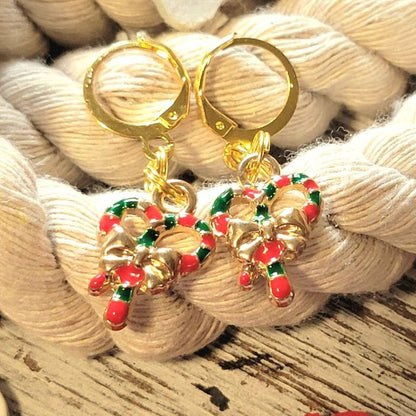 Adorable Candy Cane Christmas Wreath Earring, Yuletide Celebration