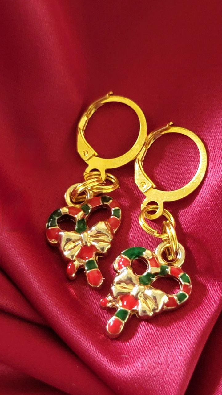 Adorable Candy Cane Christmas Wreath Earring, Yuletide Celebration