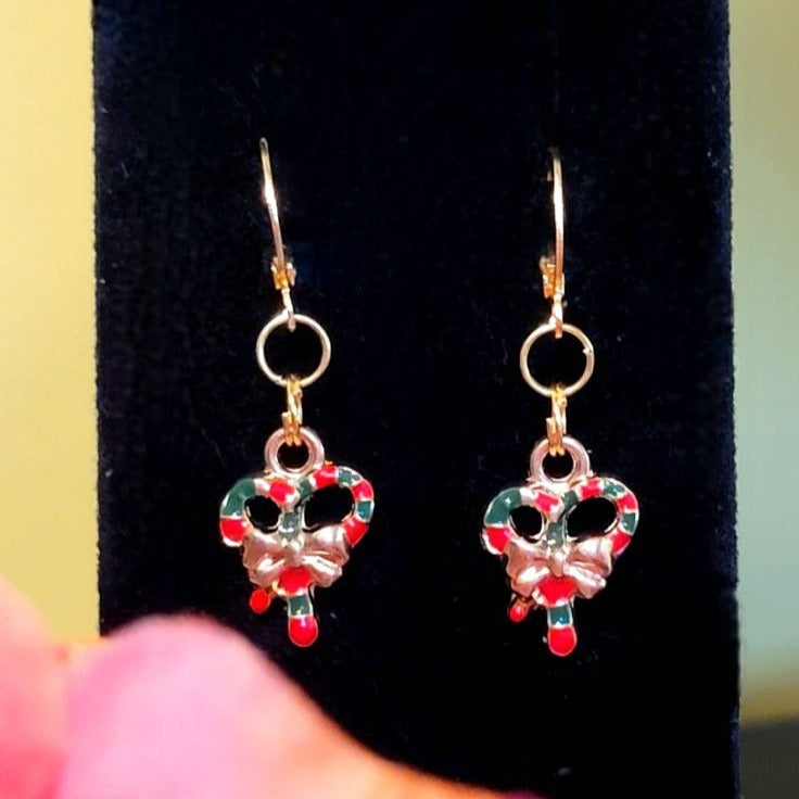 Adorable Candy Cane Christmas Wreath Earring, Yuletide Celebration