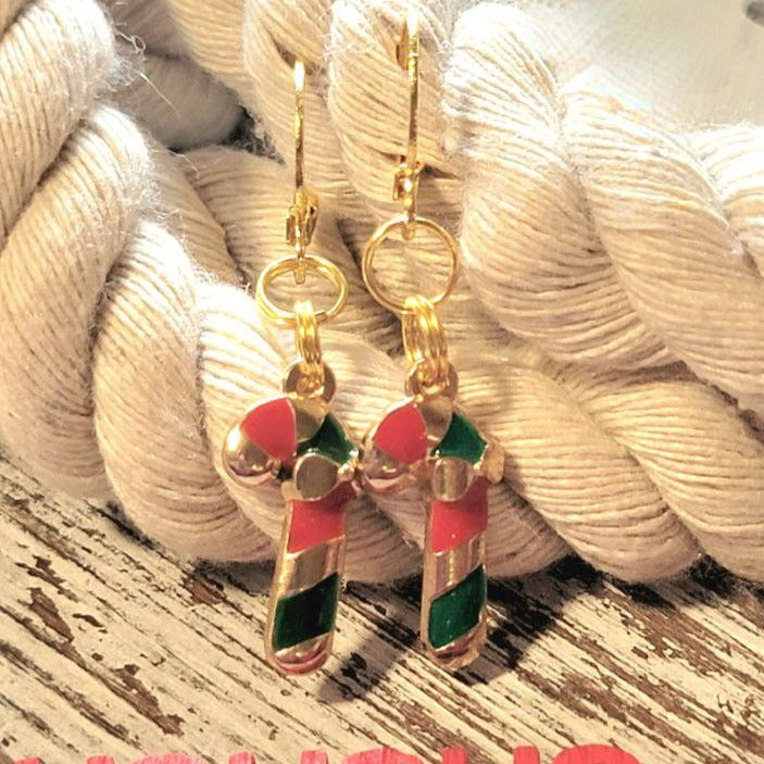 Red, Green and Gold Candy Cane Charm Earring, Festive Christmas Dangle, Traditional Winter Color