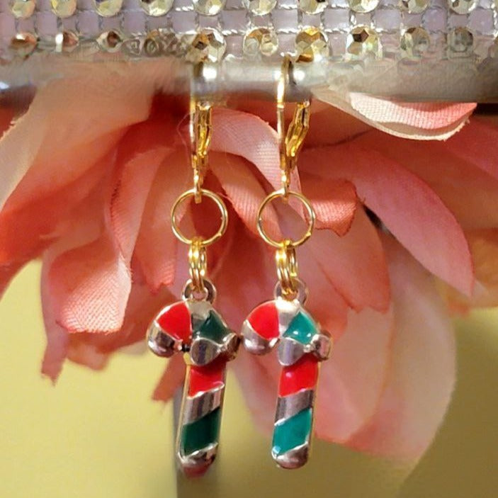 Red, Green and Gold Candy Cane Charm Earring, Festive Christmas Dangle, Traditional Winter Color