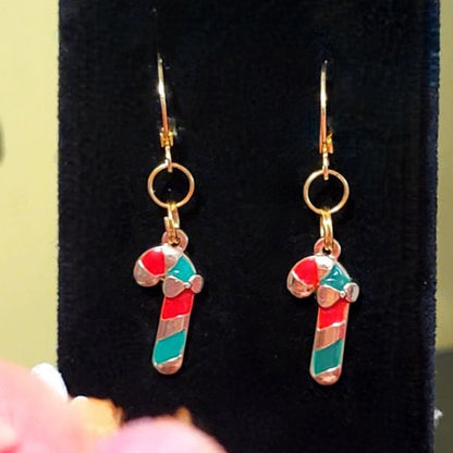 Red, Green and Gold Candy Cane Charm Earring, Festive Christmas Dangle, Traditional Winter Color