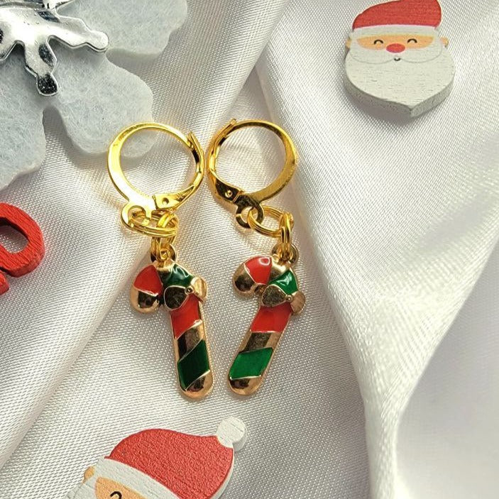 Red, Green and Gold Candy Cane Charm Earring, Festive Christmas Dangle, Traditional Winter Color