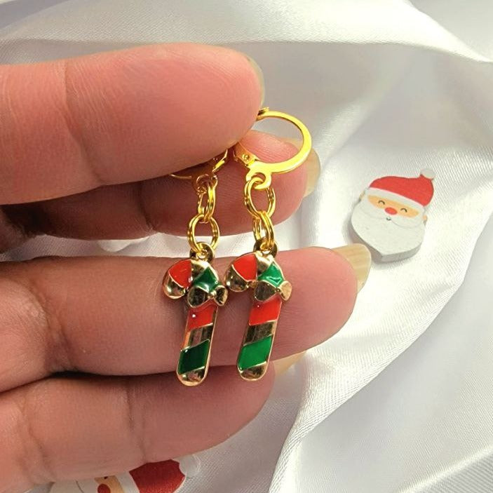 Red, Green and Gold Candy Cane Charm Earring, Festive Christmas Dangle, Traditional Winter Color