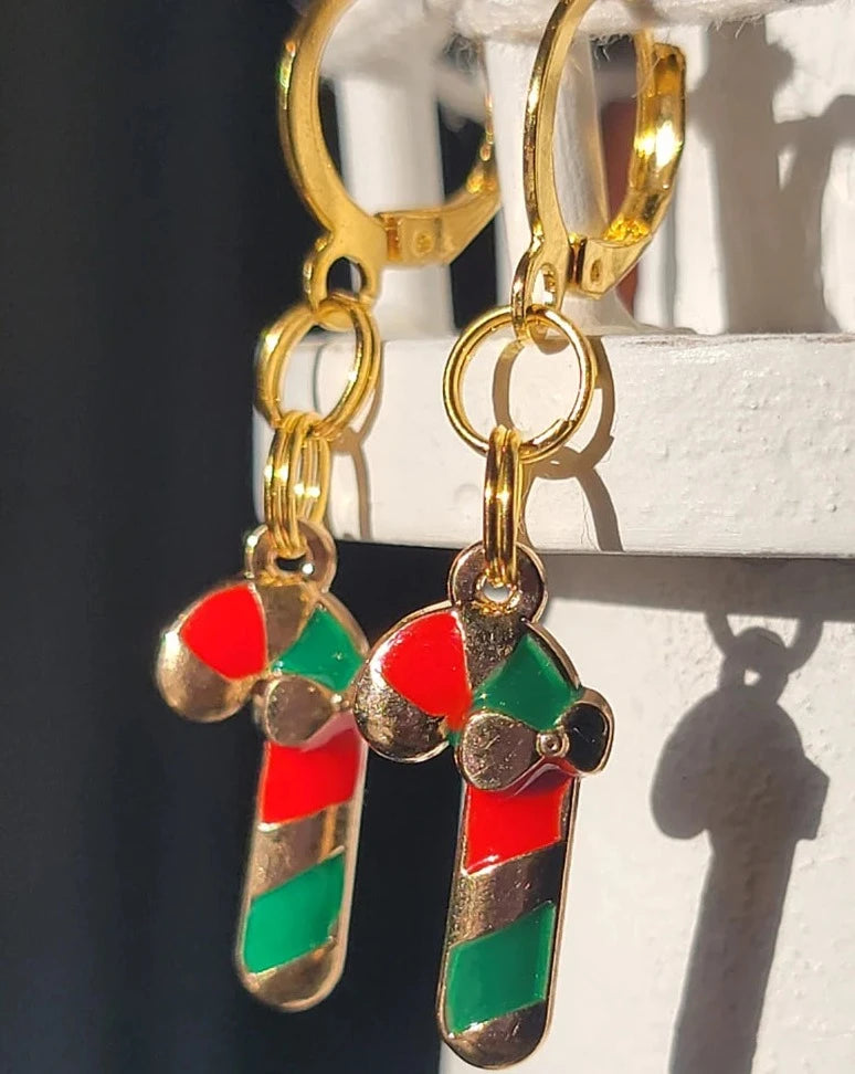 Red, Green and Gold Candy Cane Charm Earring, Festive Christmas Dangle, Traditional Winter Color