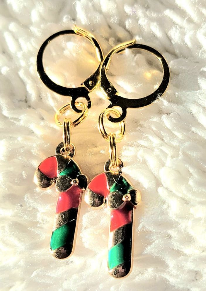 Red, Green and Gold Candy Cane Charm Earring, Festive Christmas Dangle, Traditional Winter Color