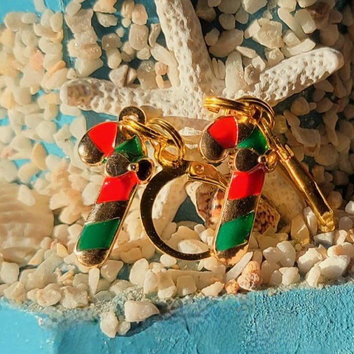 Red, Green and Gold Candy Cane Charm Earring, Festive Christmas Dangle, Traditional Winter Color