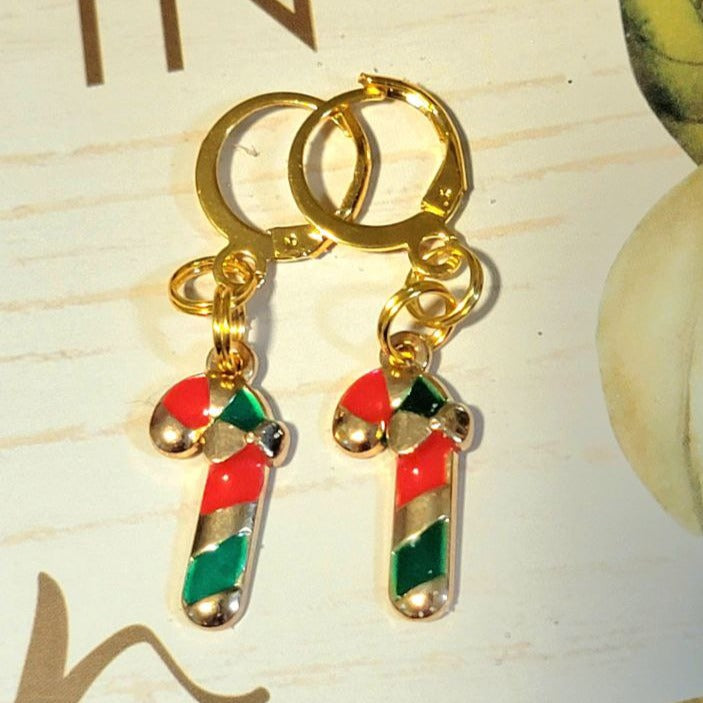 Red, Green and Gold Candy Cane Charm Earring, Festive Christmas Dangle, Traditional Winter Color