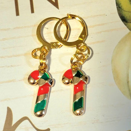 Red, Green and Gold Candy Cane Charm Earring, Festive Christmas Dangle, Traditional Winter Color