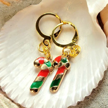 Red, Green and Gold Candy Cane Charm Earring, Festive Christmas Dangle, Traditional Winter Color