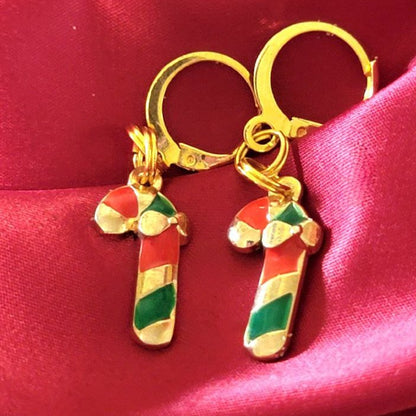 Red, Green and Gold Candy Cane Charm Earring, Festive Christmas Dangle, Traditional Winter Color