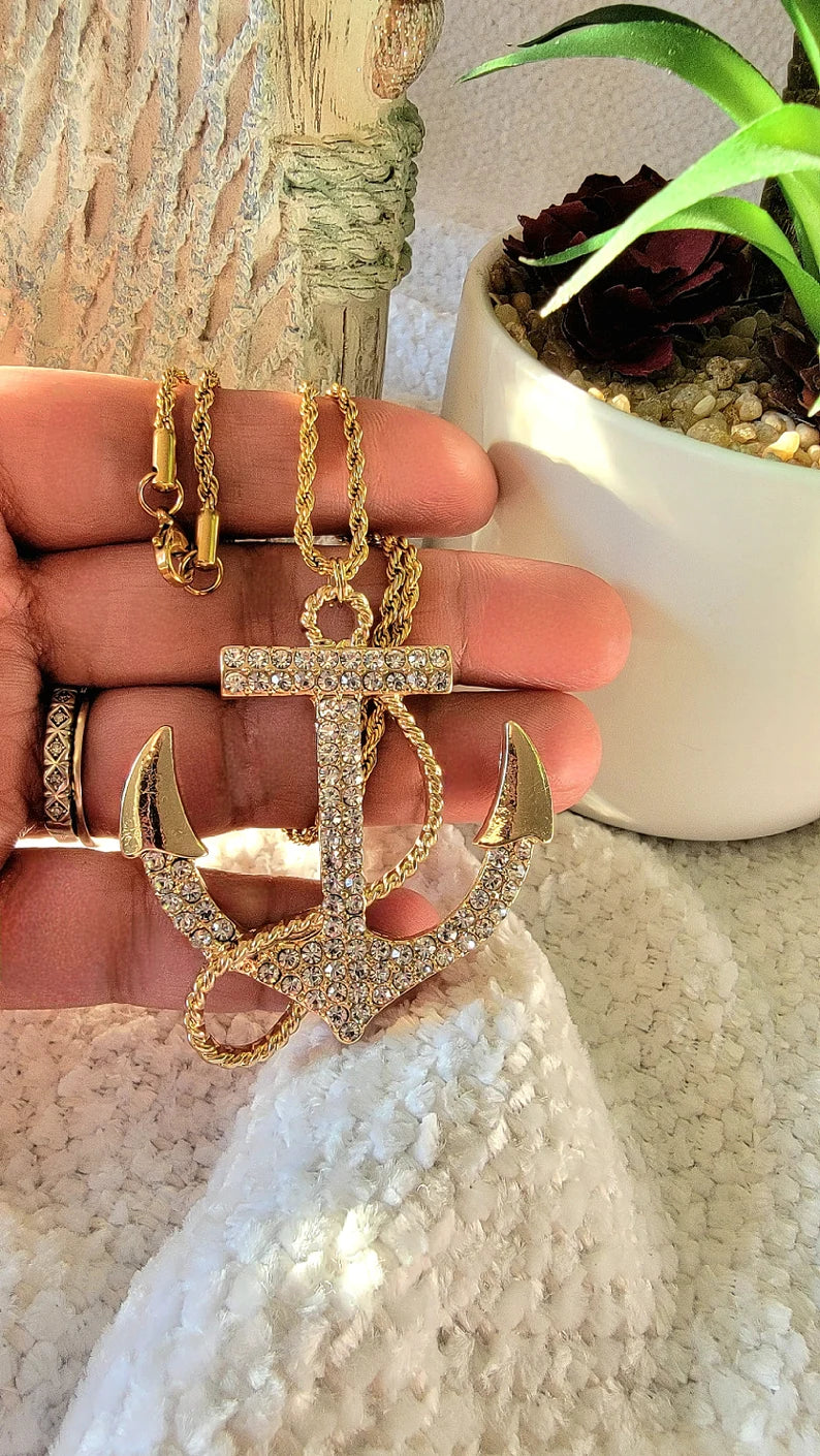 Bold Sea-Inspired Statement Jewelry, Gold Anchor Pendant, Elegant Maritime Accessory