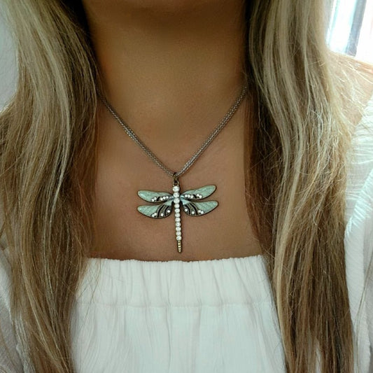 Rhinestone Dragonfly Necklace, Symbol for New Beginning & Change