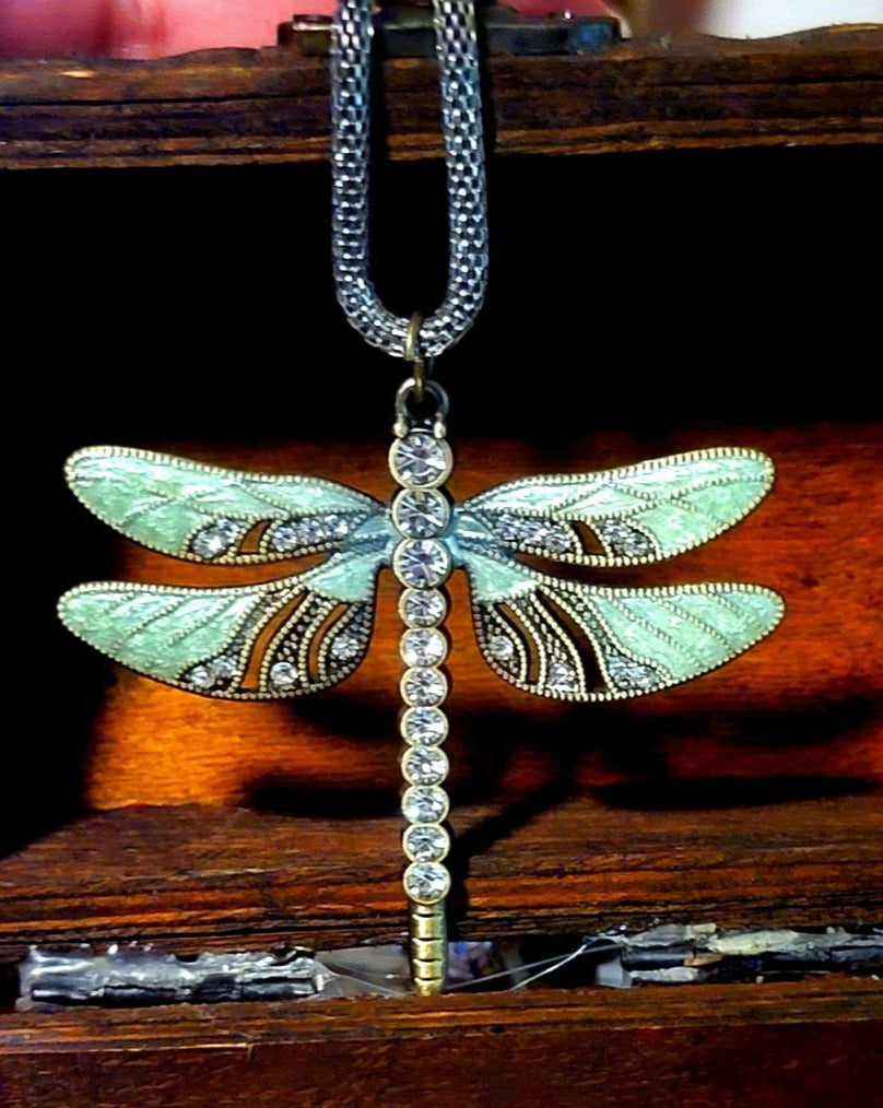 Rhinestone Dragonfly Necklace, Symbol for New Beginning & Change