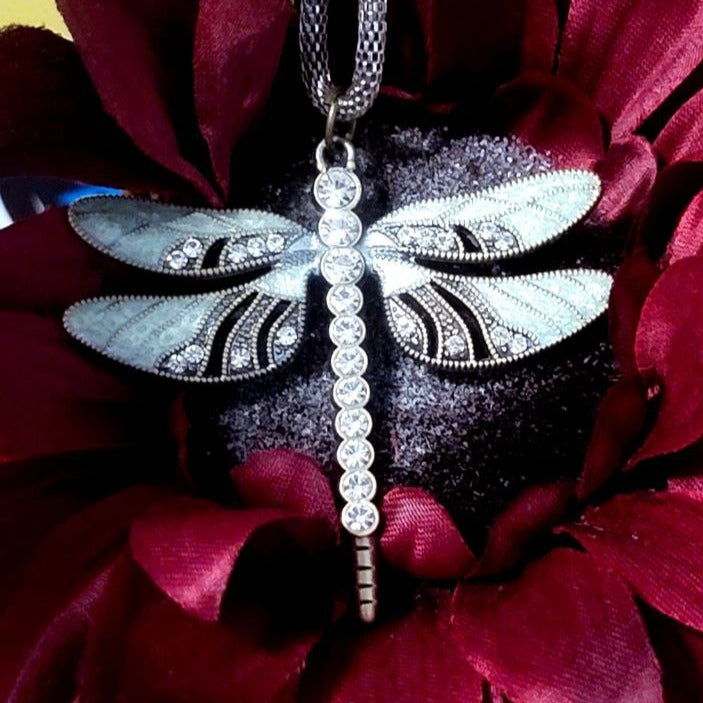 Rhinestone Dragonfly Necklace, Symbol for New Beginning & Change