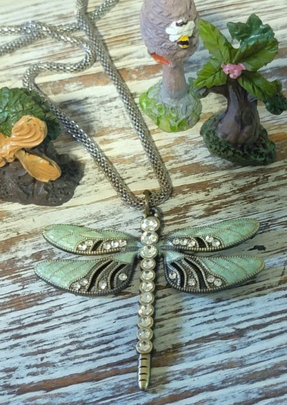 Rhinestone Dragonfly Necklace, Symbol for New Beginning & Change