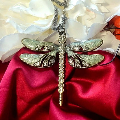 Rhinestone Dragonfly Necklace, Symbol for New Beginning & Change